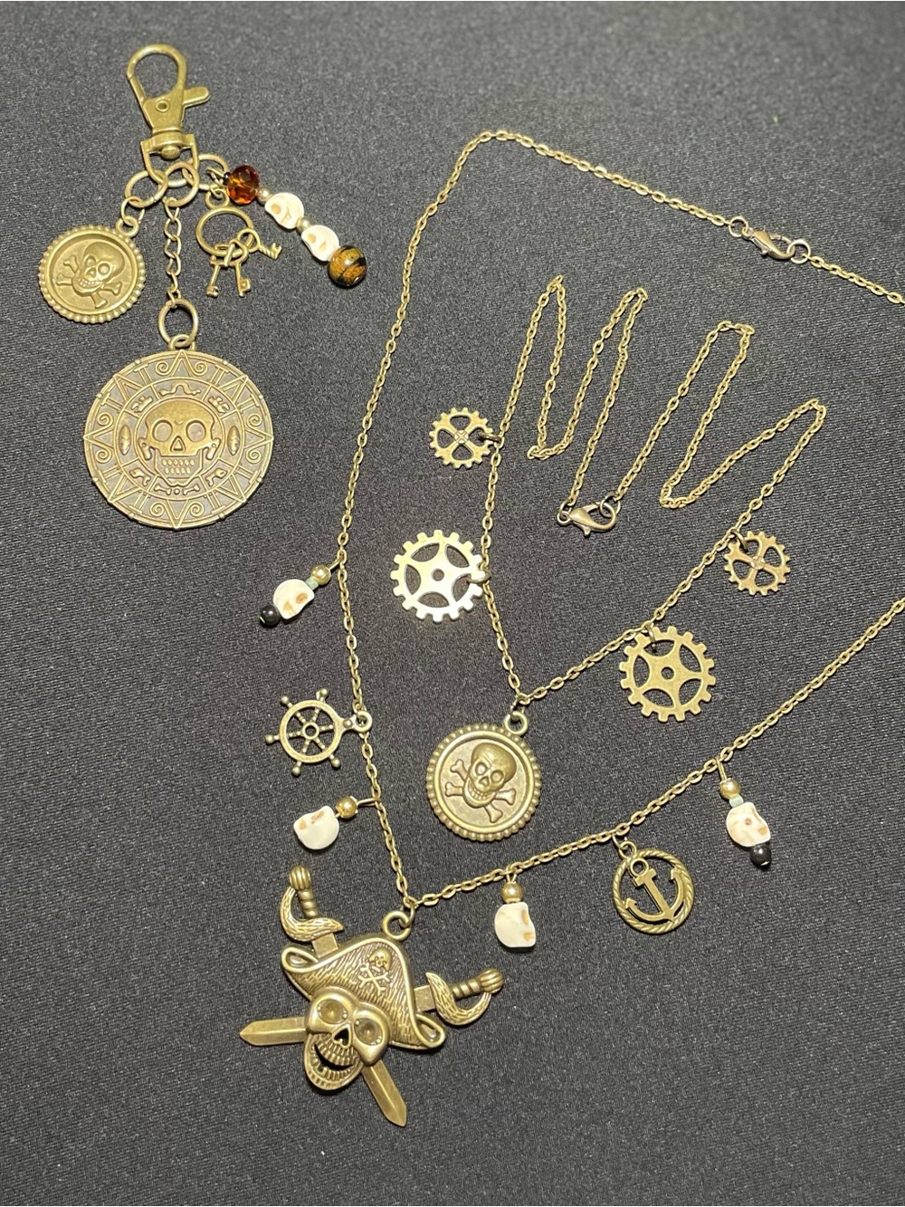 Gold-Bronze Pirate & Nautical Layered Necklace & Bag Charm Set - Women Jewelry